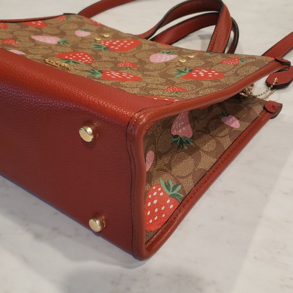 Coach Brown Signature Satchel with Red & Pink Strawberry Print Size Medium - Picture 12 of 16
